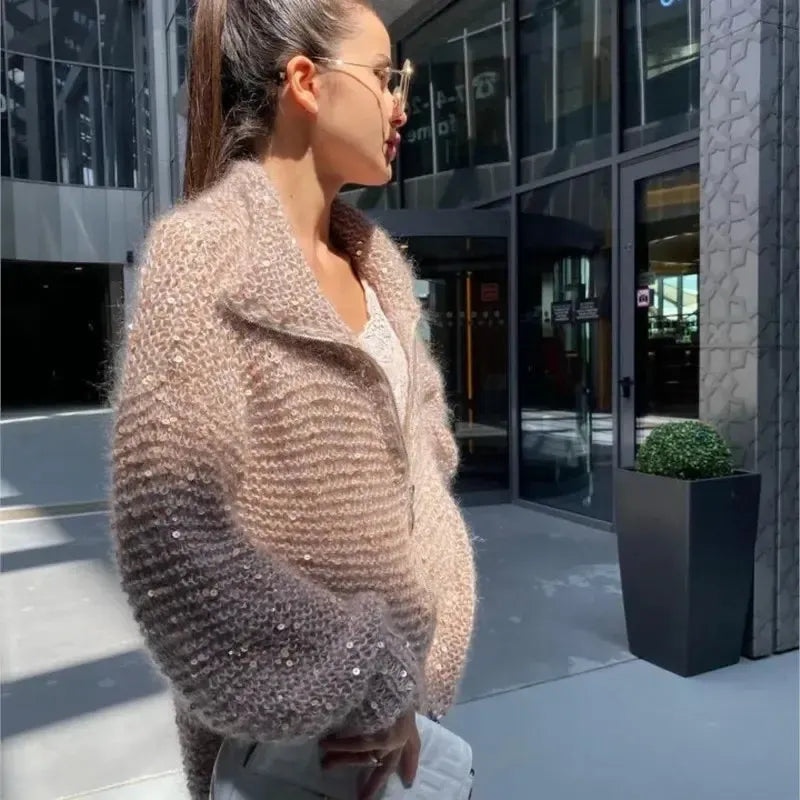 Alyssa - Gilet tricoté confortable et élégant avec fermeture éclair et paillettes