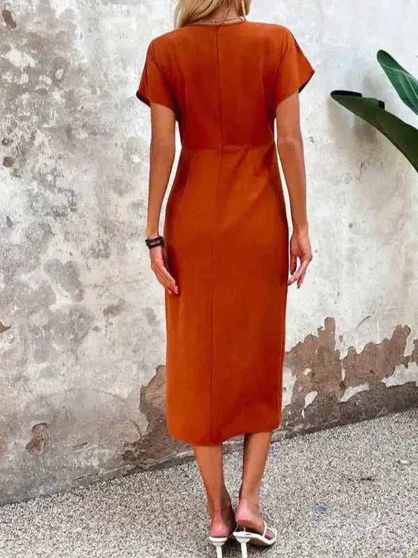 Olivia Kleid - Oranges V-Ausschnitt Midi Kleid mit Schlitz