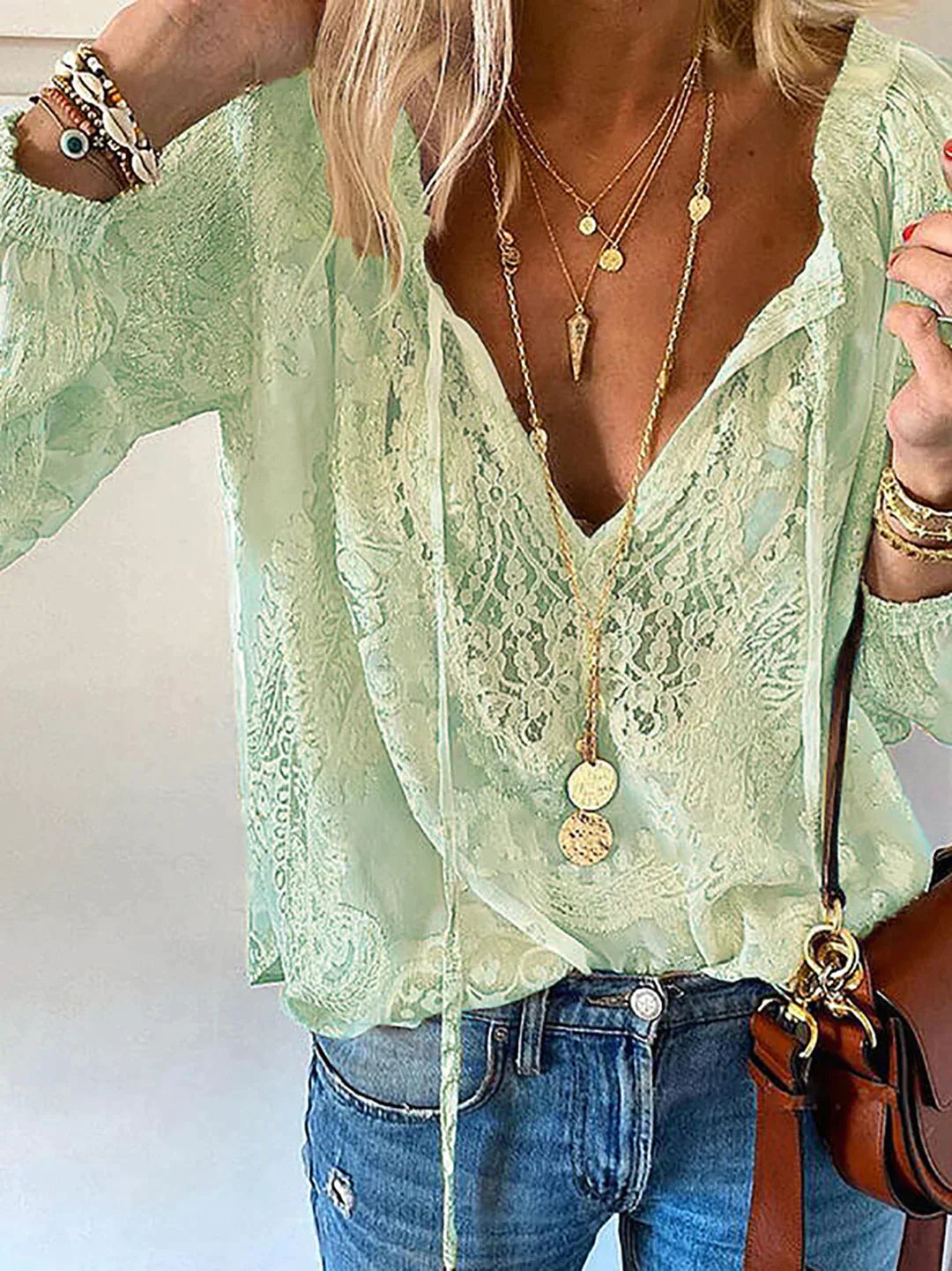 Helena - Blouse en Chiffon à Manches Longues et Col V pour Femmes