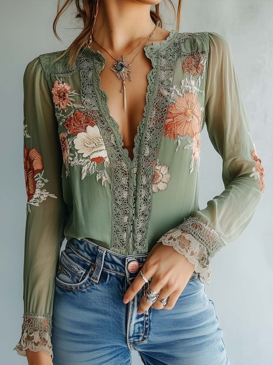 Claudia | Kanten blouse voor dames met bloemen en V-hals - Groen
