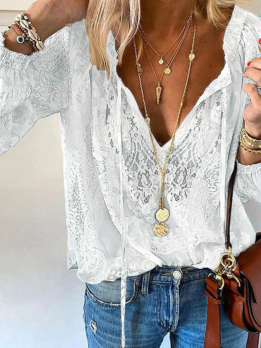Helena - Blouse en Chiffon à Manches Longues et Col V pour Femmes