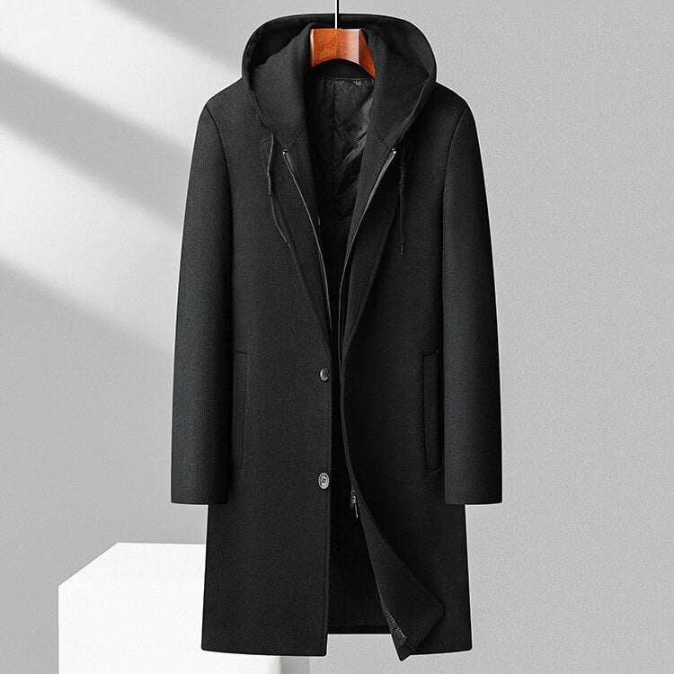 Dennis | Lange wollen winterjas met capuchon voor heren - Obsidiaanzwart