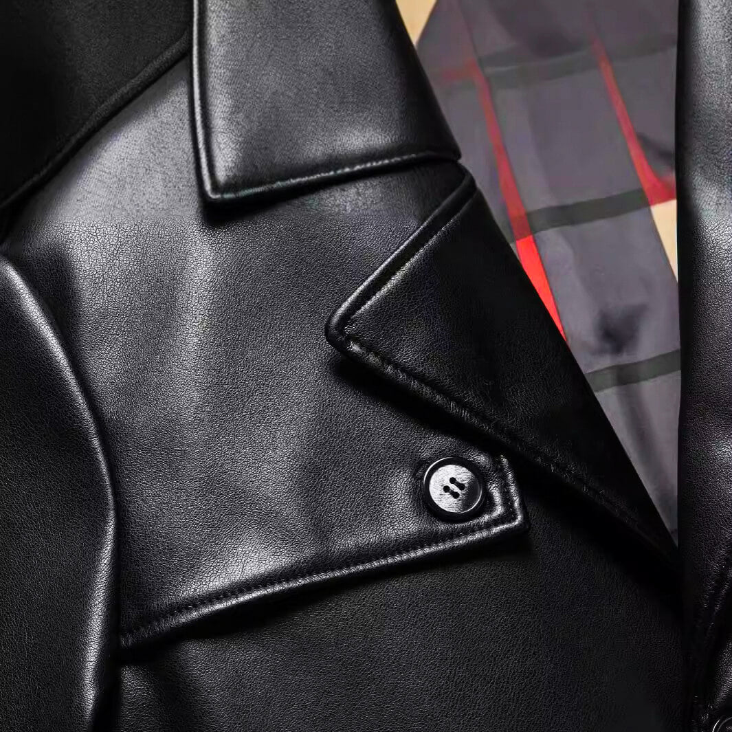 Veste en cuir écologique classique mi-longue pour hommes – doublure à carreaux