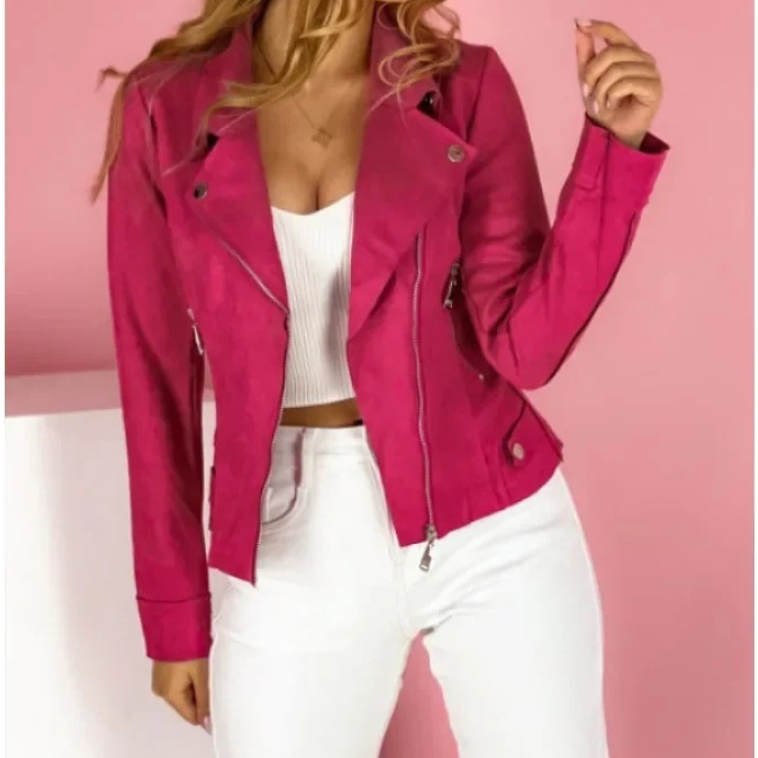 Dorien | Korte imitatieleren jas voor dames - Roze
