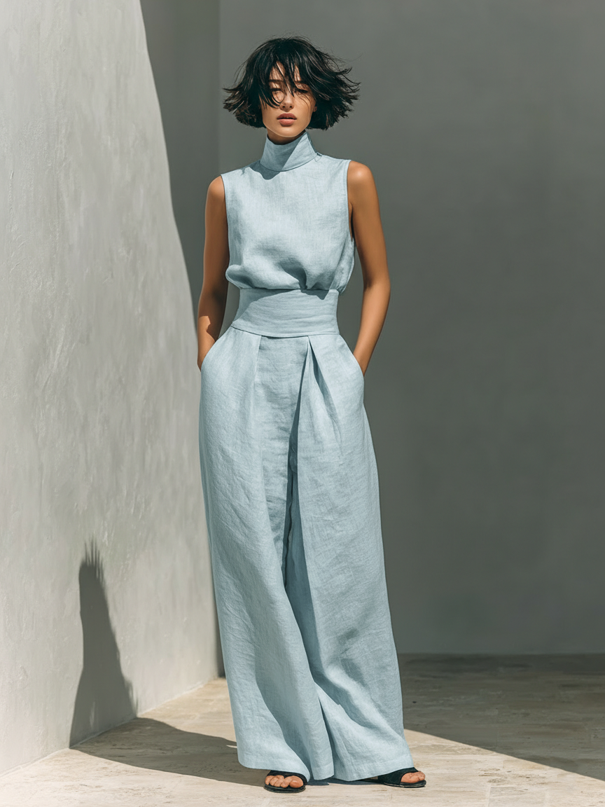 Eline | Mouwloze jumpsuit van katoen en linnen - Lichtblauw
