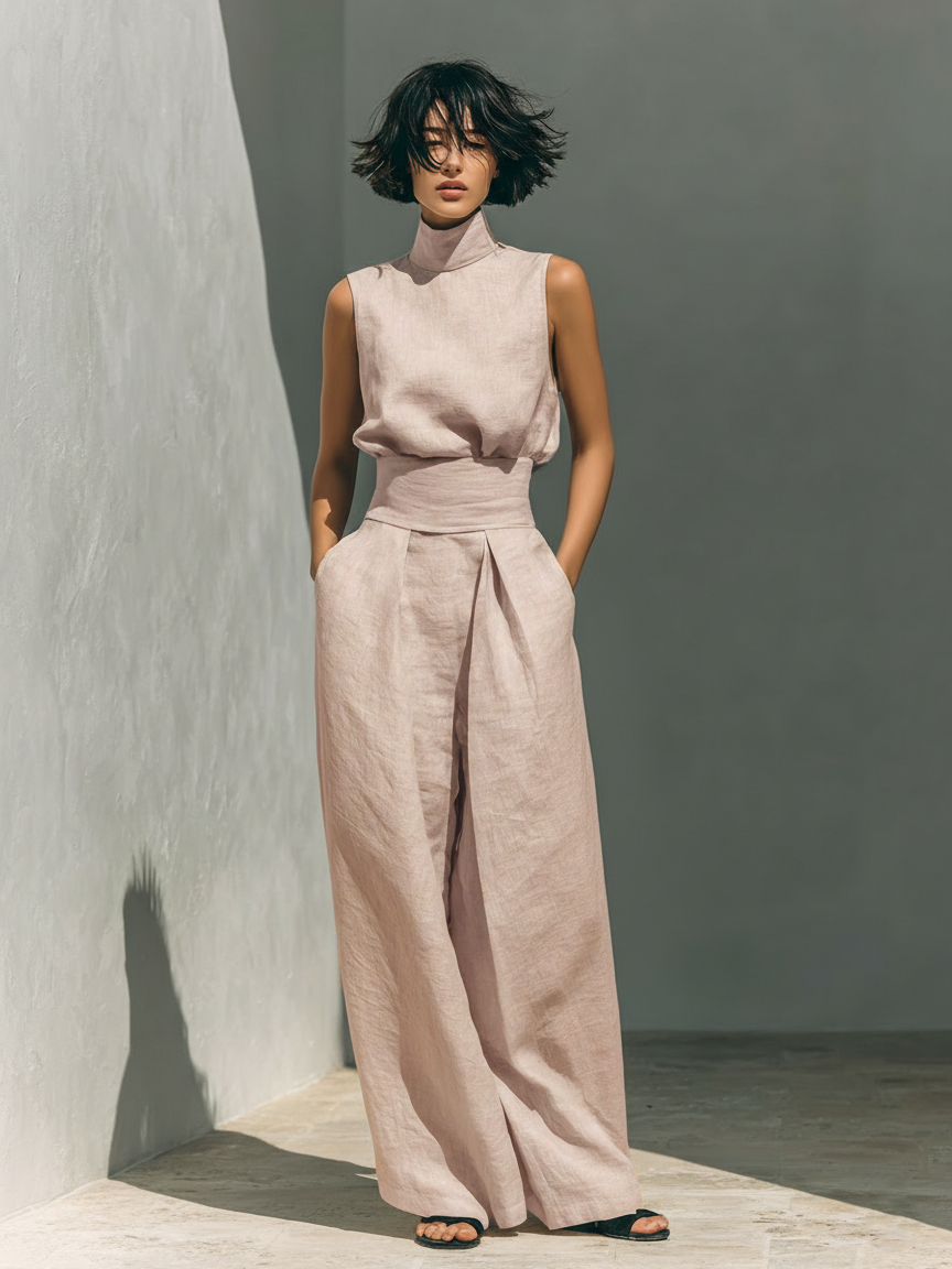 Eline | Mouwloze jumpsuit van katoen en linnen - Lichtroze