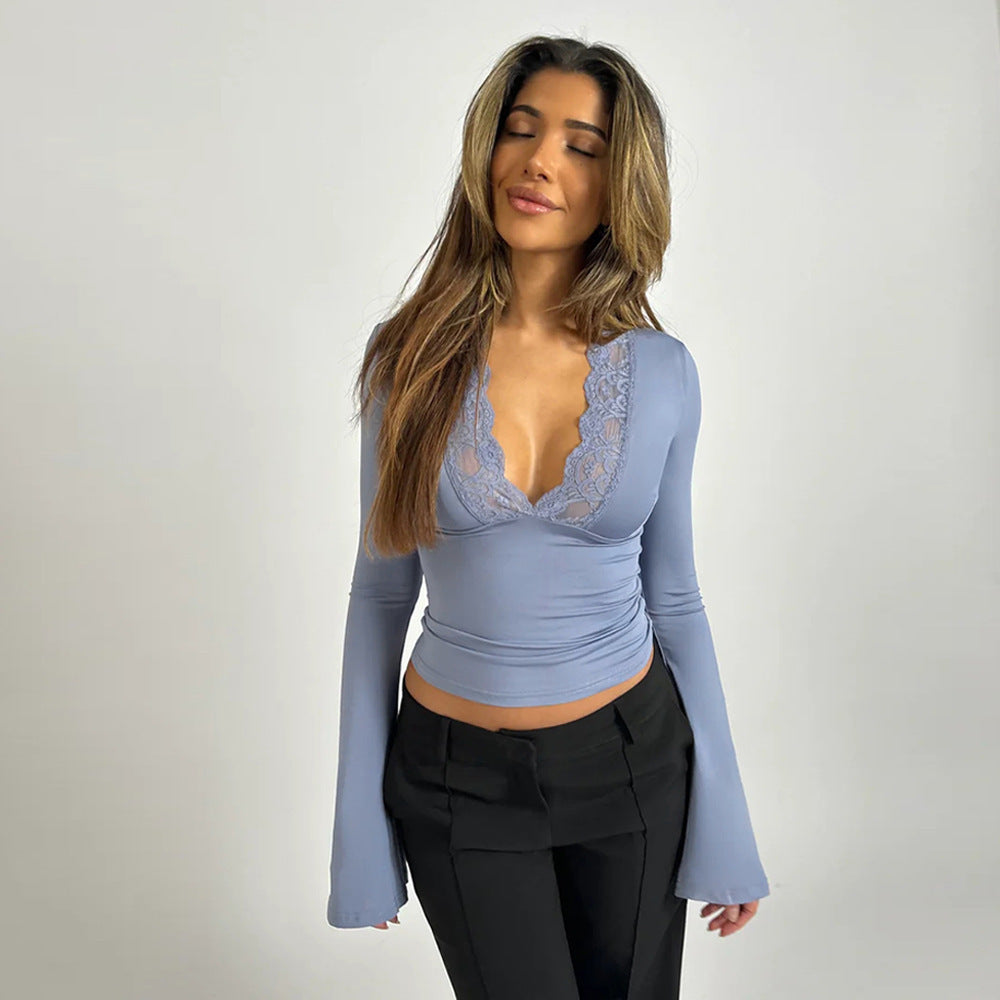 Elisa | Longsleeve top met kant voor dames - Hemelsblauw
