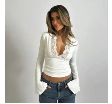 Elisa | Longsleeve top met kant voor dames - Wit