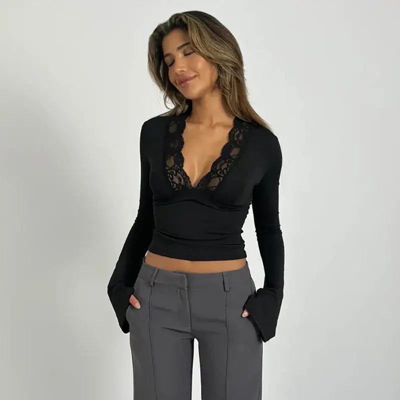 Elisa | Longsleeve top met kant voor dames - Zwart