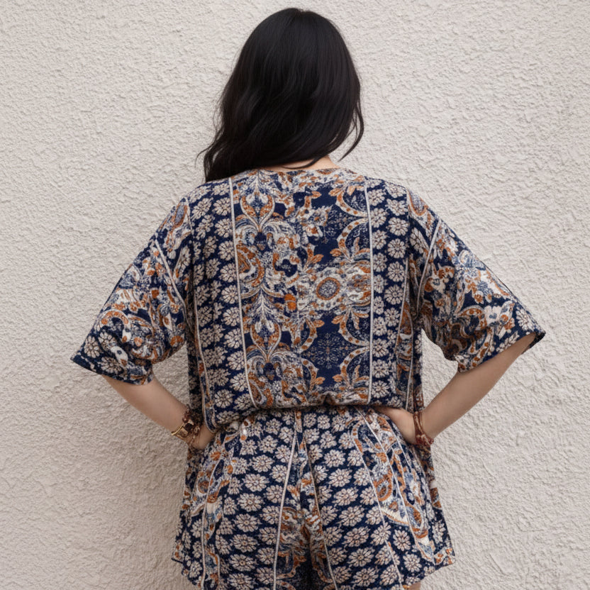 Elske | Dames blouse en korte broek set met bloemmotief - Donkerblauw