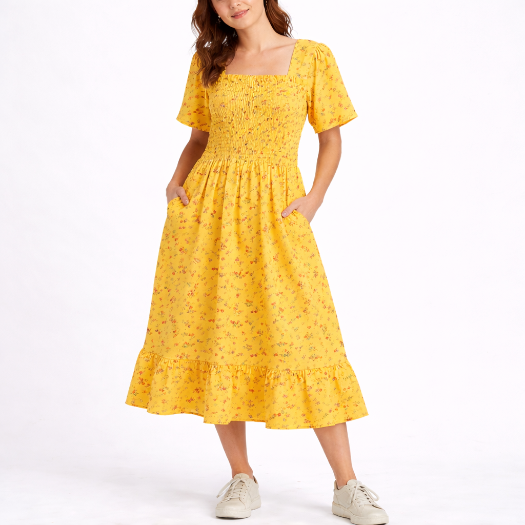 Elske | Midi jurk met bloemen voor dames - Geel