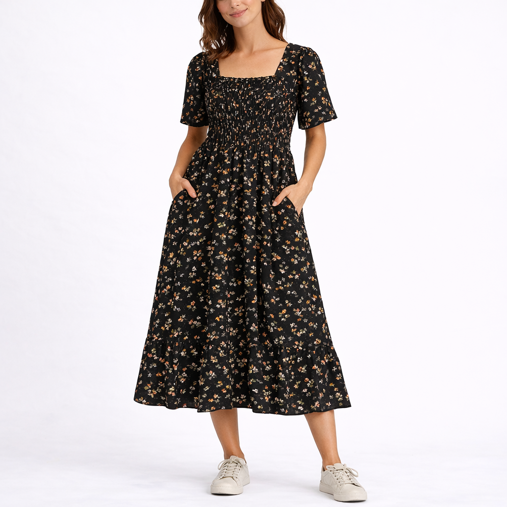Elske | Midi jurk met bloemen voor dames - Zwart