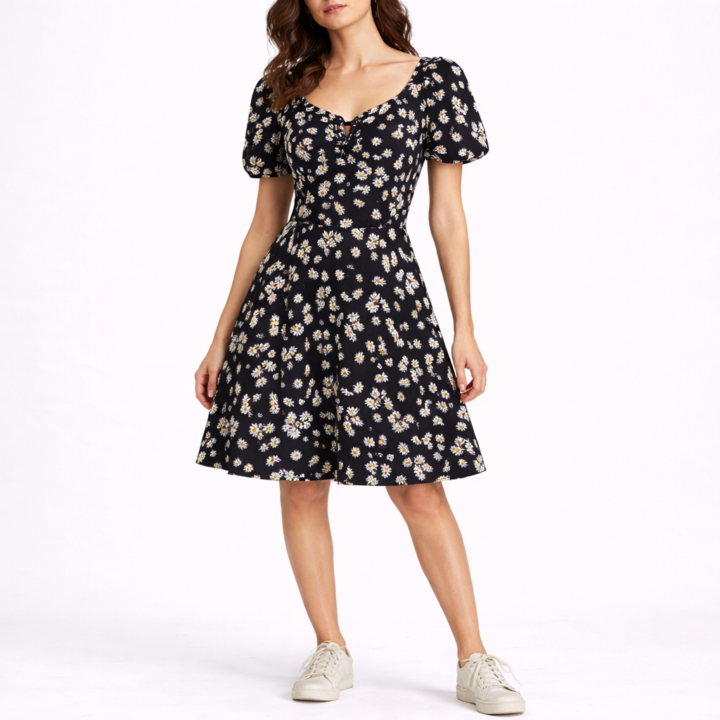 Emma | Bloemen midi jurk voor dames - Bloemig zwart