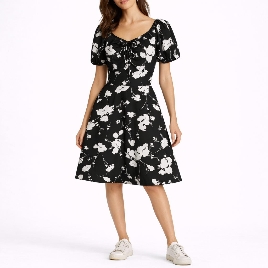 Emma | Bloemen midi jurk voor dames - Zwart