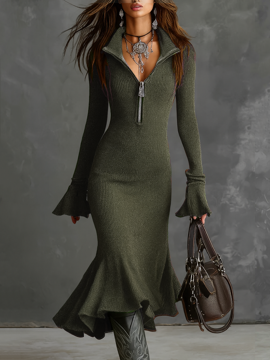 Eva | Gebreide midi jurk met col - Groen