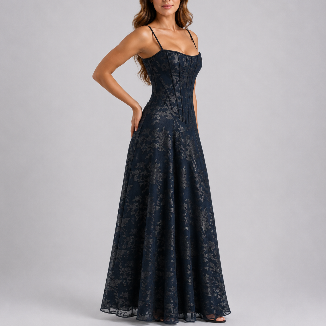 Evi | Maxi jurk met korset en bloemen - Marine