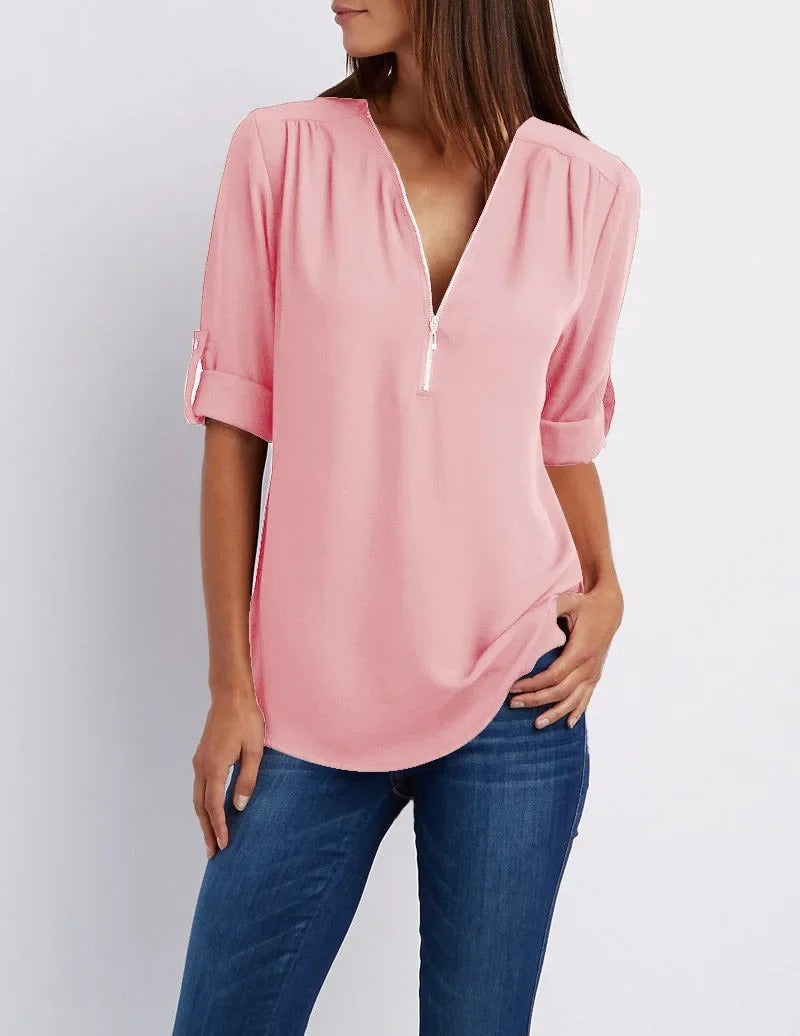 Johanna - Casual Blouse met Ritssluiting en Korte Mouwen