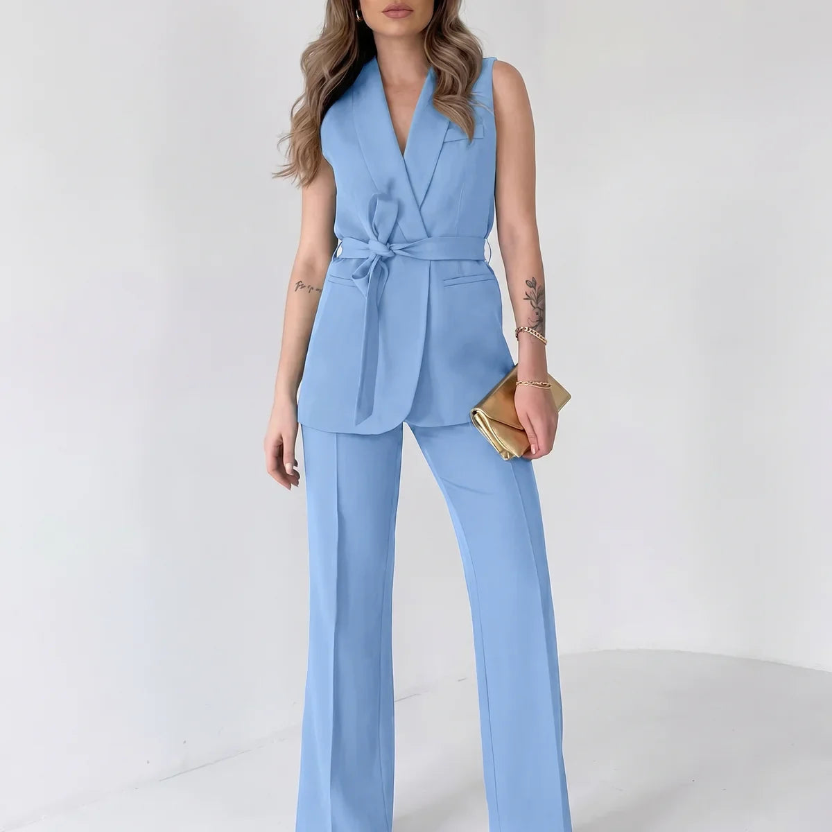 Feline | Mouwloos broekpak voor dames met riem - Blauw