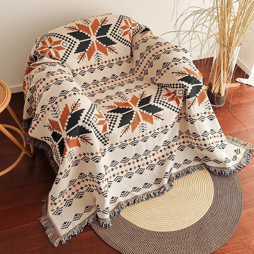 Frank | Oversized boho deken met franjes van katoenmix - Oranje esdoornbladeren