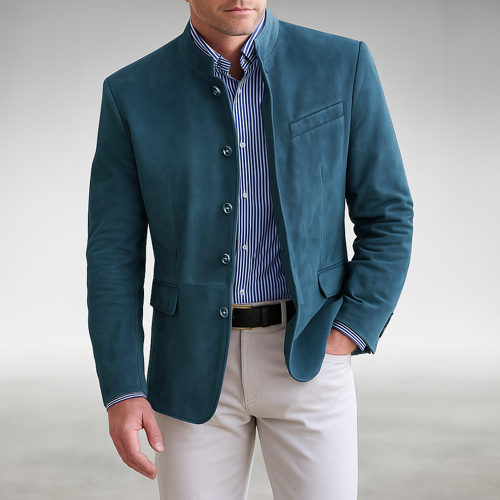 Frederik | Herenvest met knopen en opstaande kraag - Blauw
