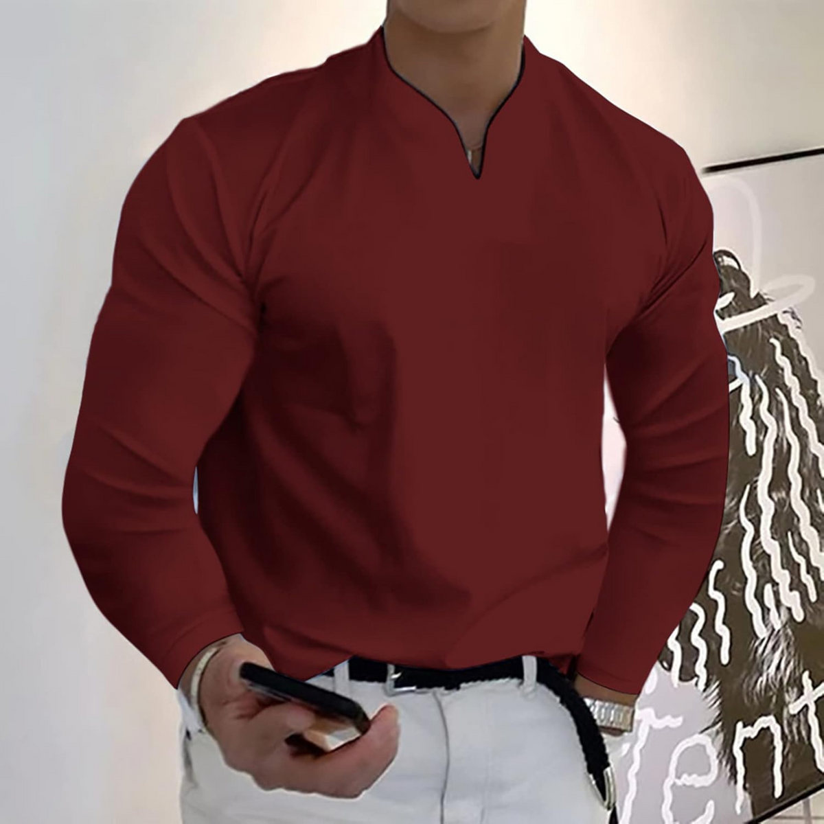 Gerben | Polo heren met lange mouwen en V-hals - Rood
