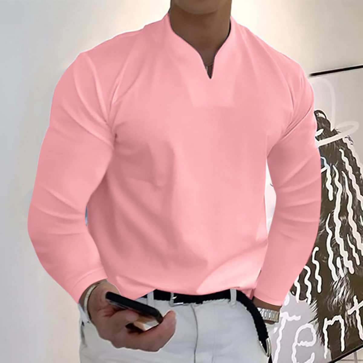 Gerben | Polo heren met lange mouwen en V-hals - Roze