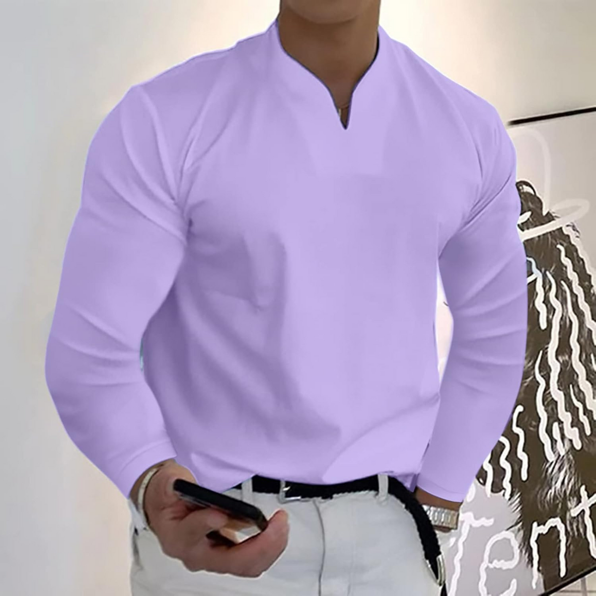 Gerben | Polo heren met lange mouwen en V-hals - Violet