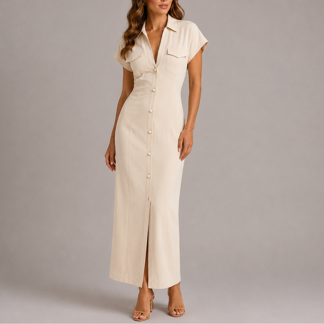Hanna | Getailleerde lange blousejurk voor dames - Beige