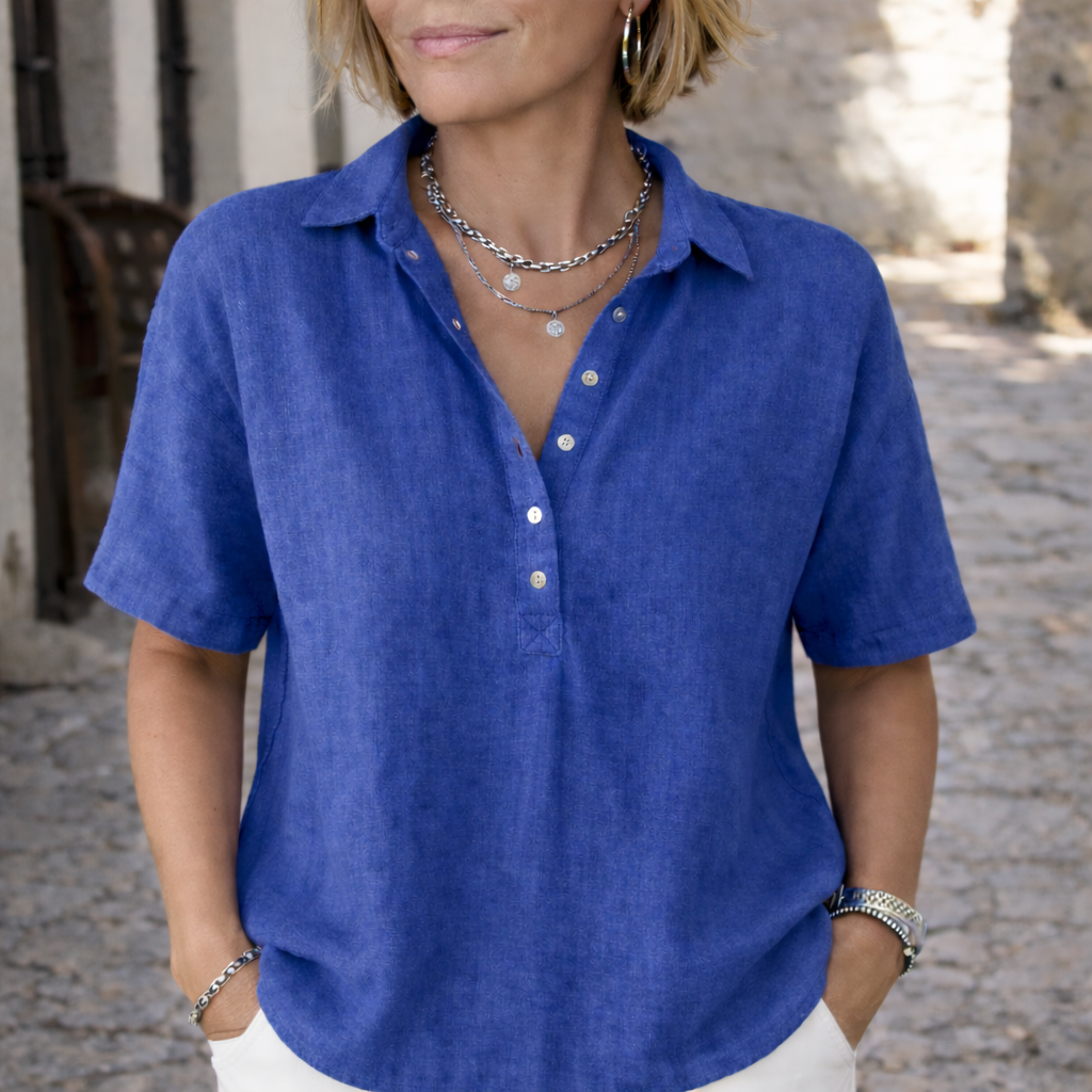 Hanne | Linnenlook blouse voor dames met korte mouw - Blauw