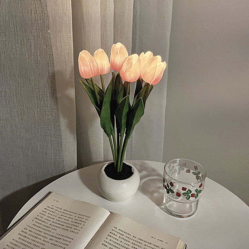 Hessel | LED tulpen nachtlamp met warm licht - 6 Roze