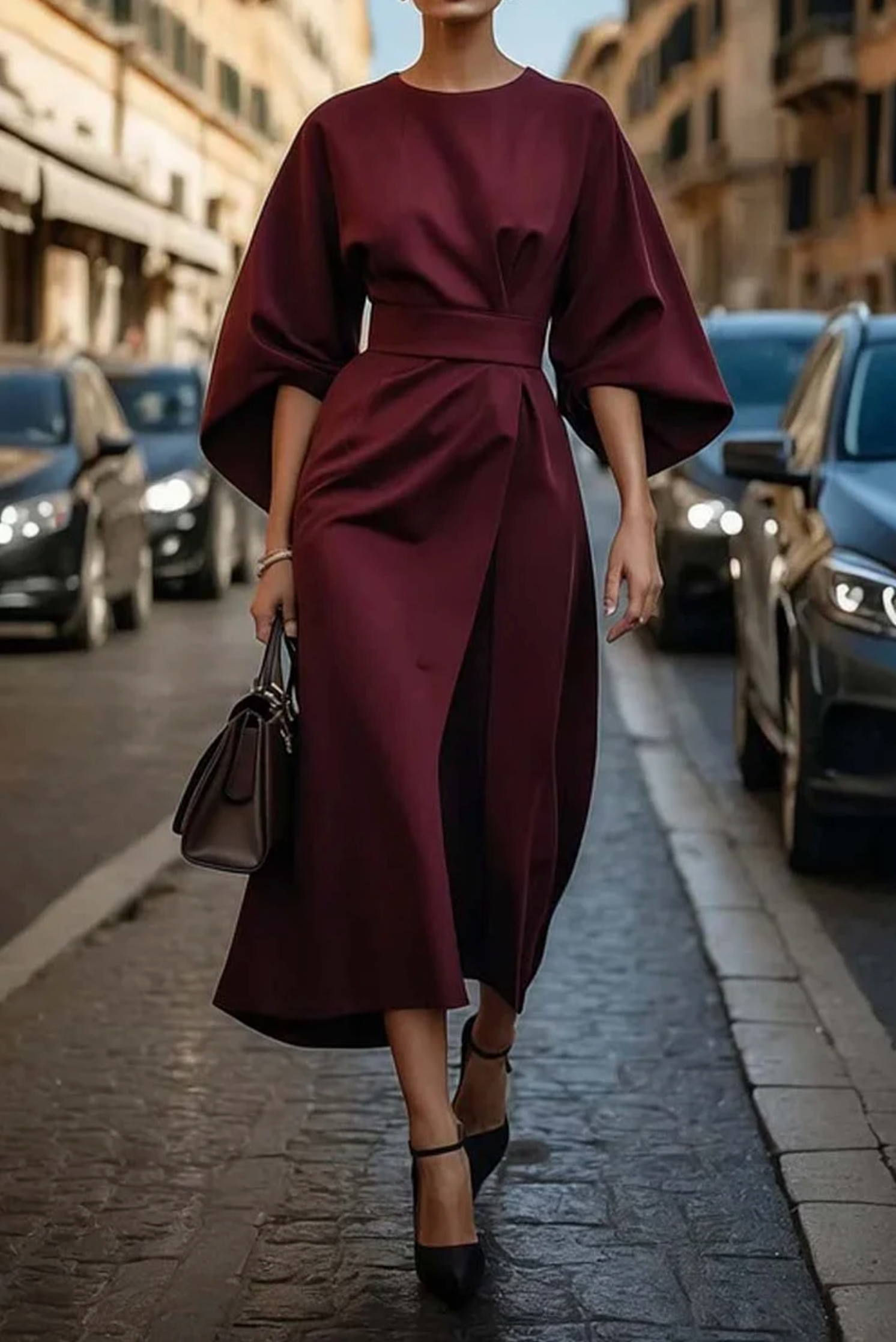 Iris | Elegante midi jurk met ceintuur - Bordeaux