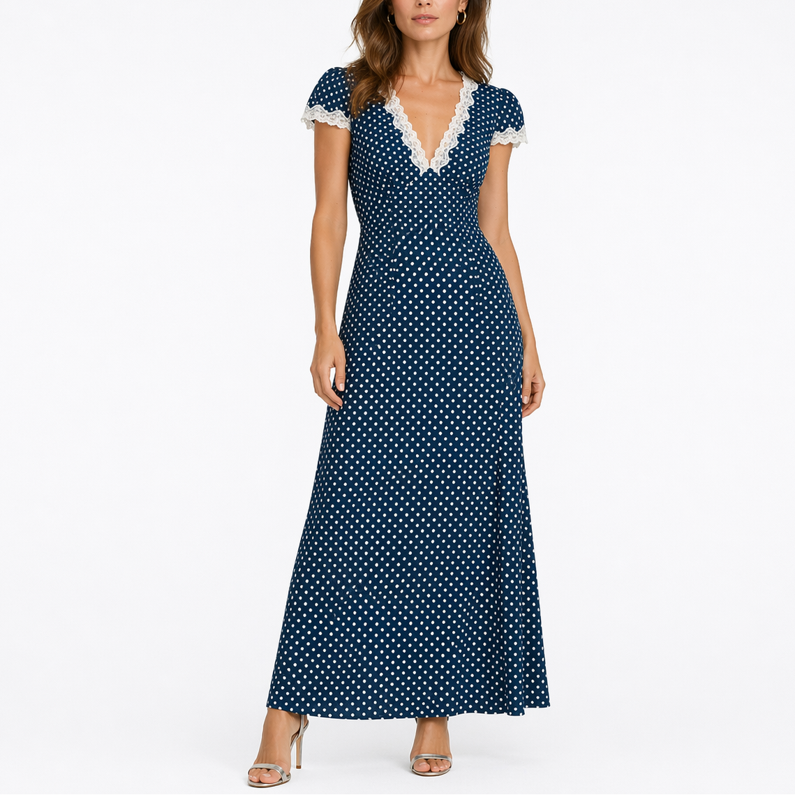 Janneke | Lange jurk met stippen en kant - Blauw