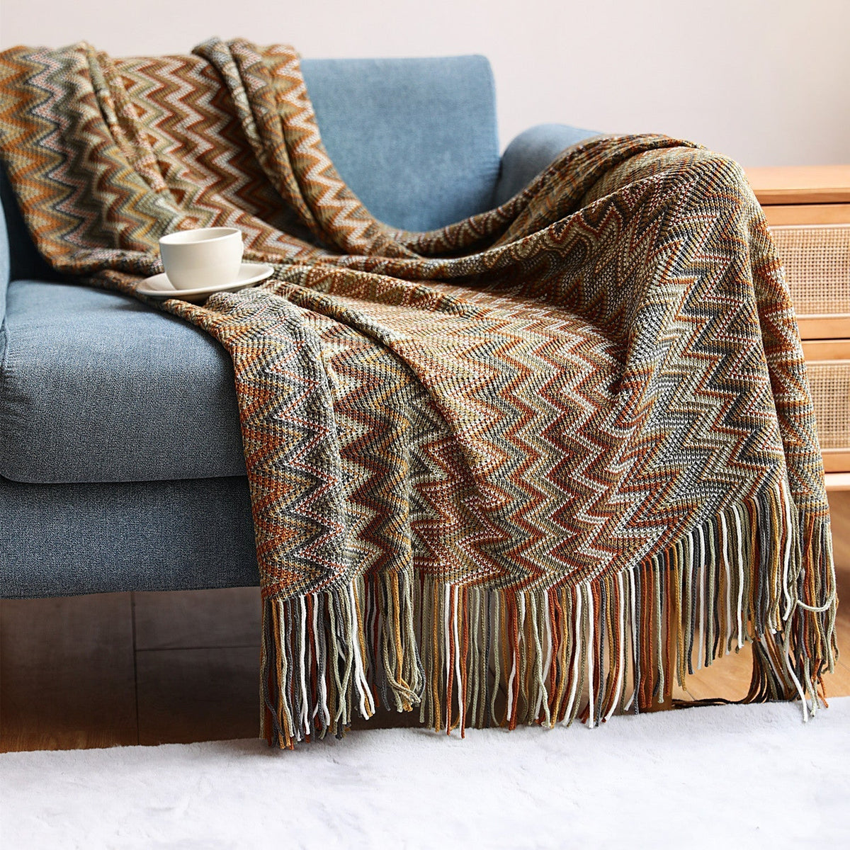 Jelte | Gebreide boho plaid met franjes - Bamboe