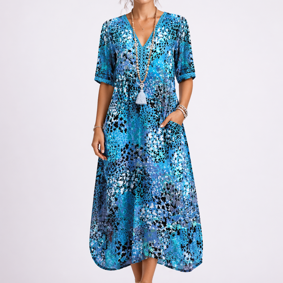 Jolijn | Zomerjurk dames midi met bloemenprint - Blauw