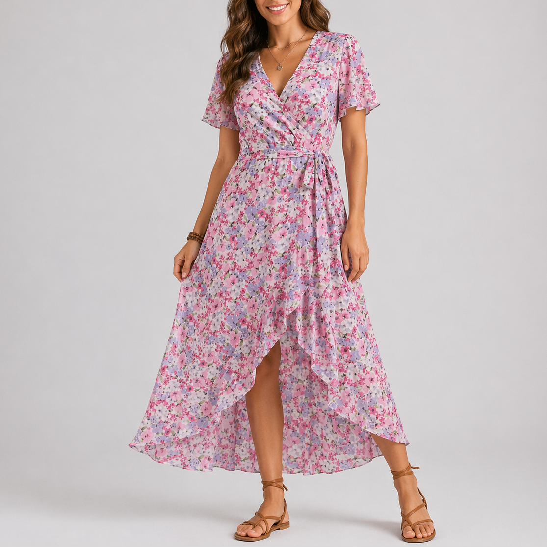 Jolijn | Zomerse midi jurk met bloemenprint - roze