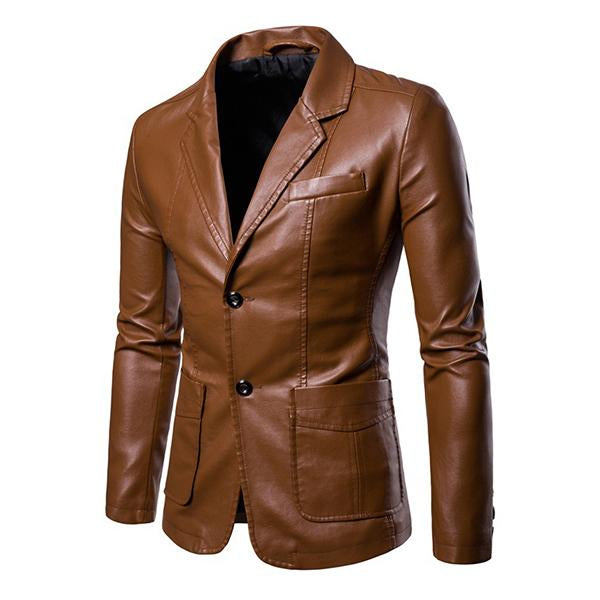 Veste en cuir slim fit vintage à deux boutons et col à revers pour hommes