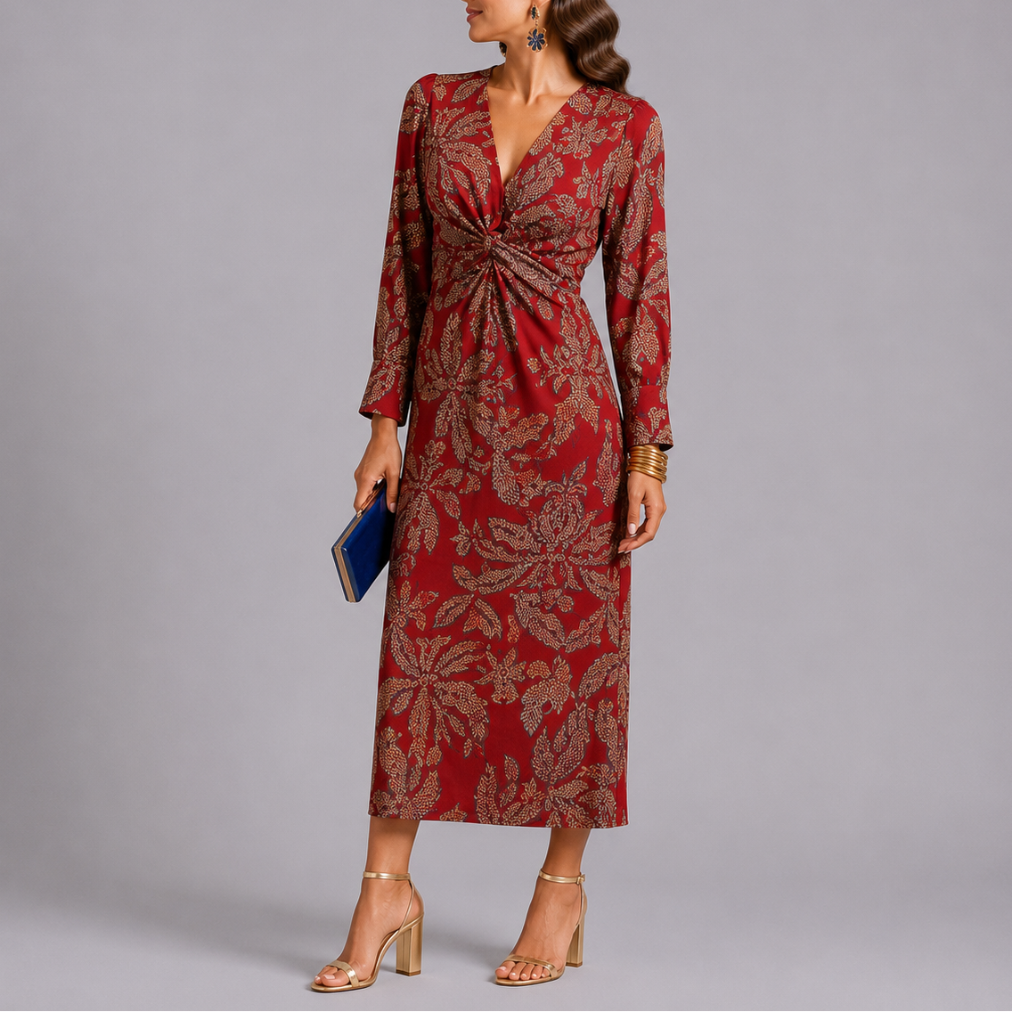 Julia | Midi jurk met bloemenprint en V-hals - Rood