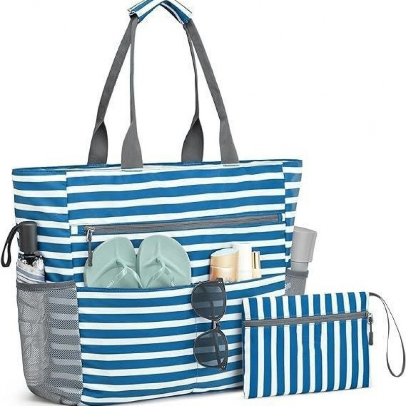 Kai | Grote strandtas met vakken - Blauw