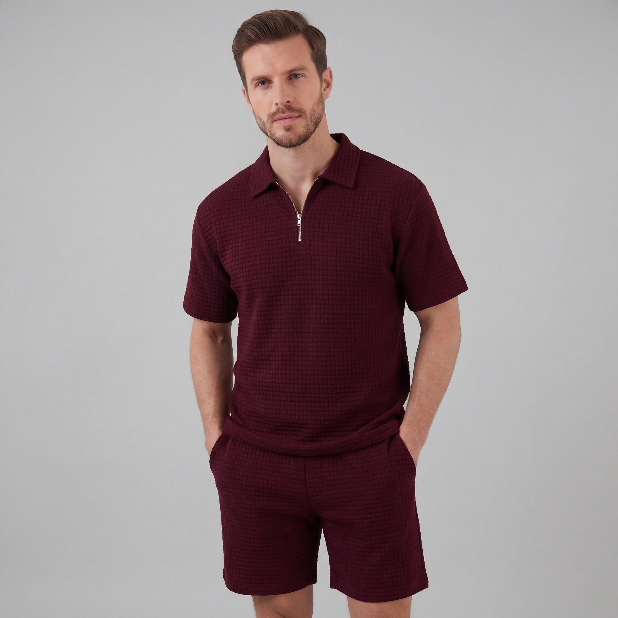 Koen | Wafelknit set voor heren met polo en korte broek - Bourgondië