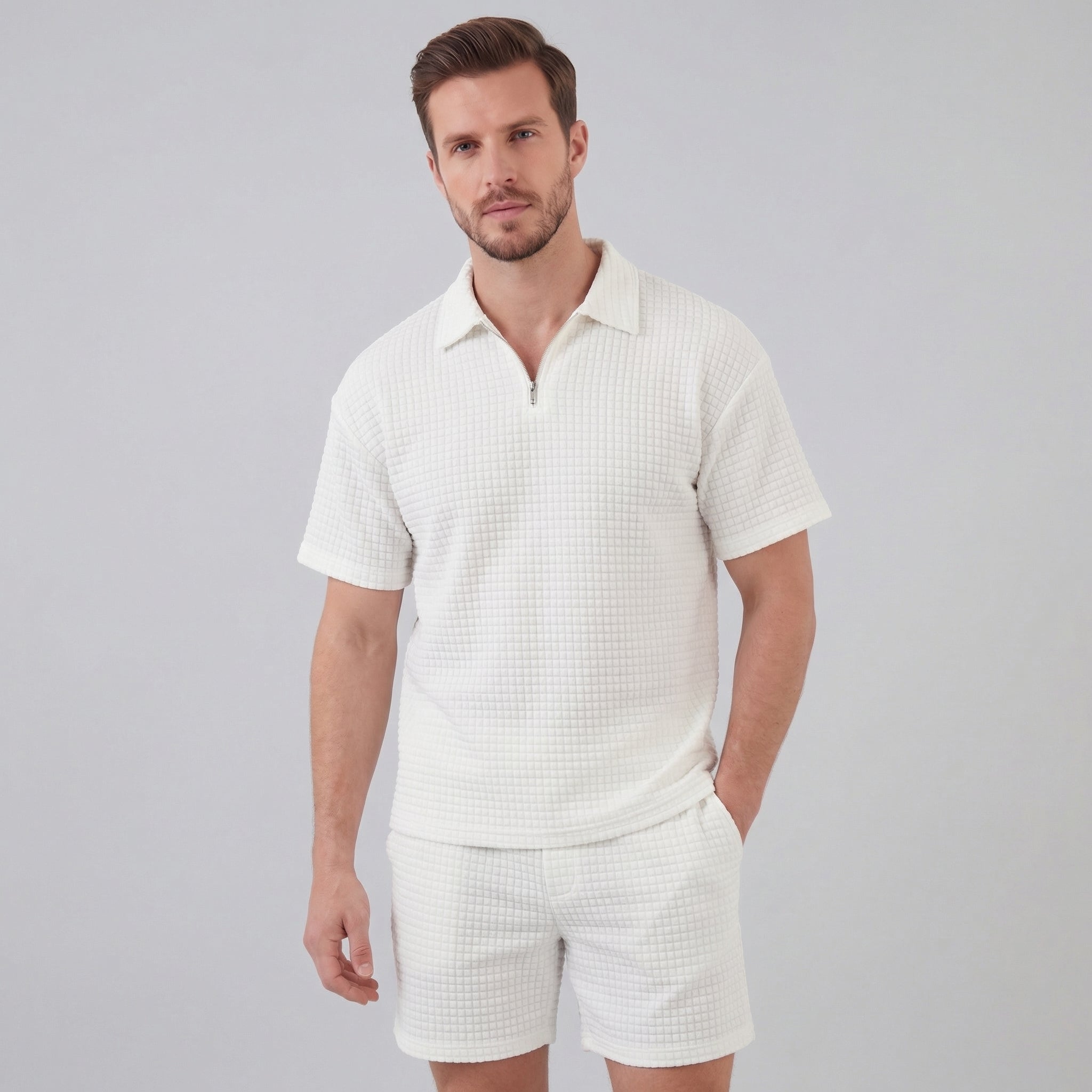 Koen | Wafelknit set voor heren met polo en korte broek - Wit