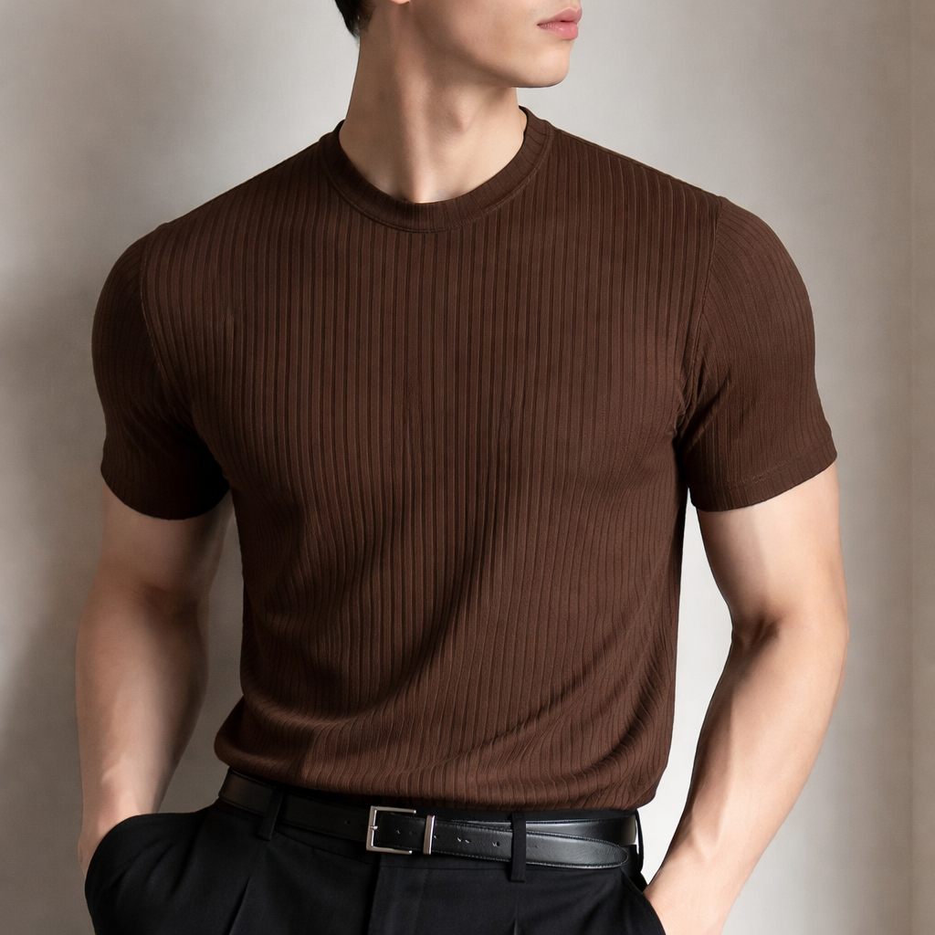 Lars | Geribd t-shirt voor heren met ronde hals - Bruin