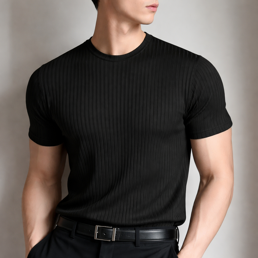 Lars | Geribd t-shirt voor heren met ronde hals - Zwart