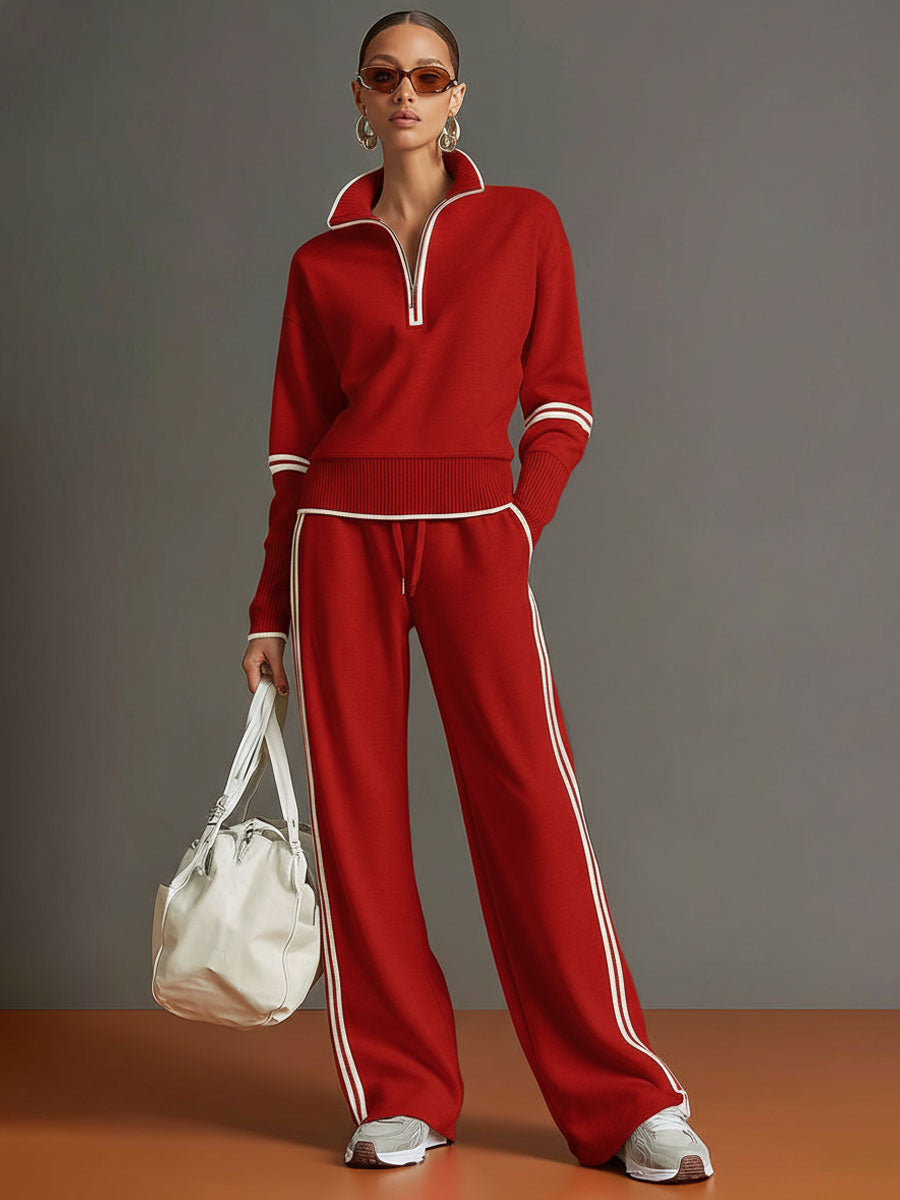 Lauren | Joggingpak dames met halve rits en wijde broek - Rood