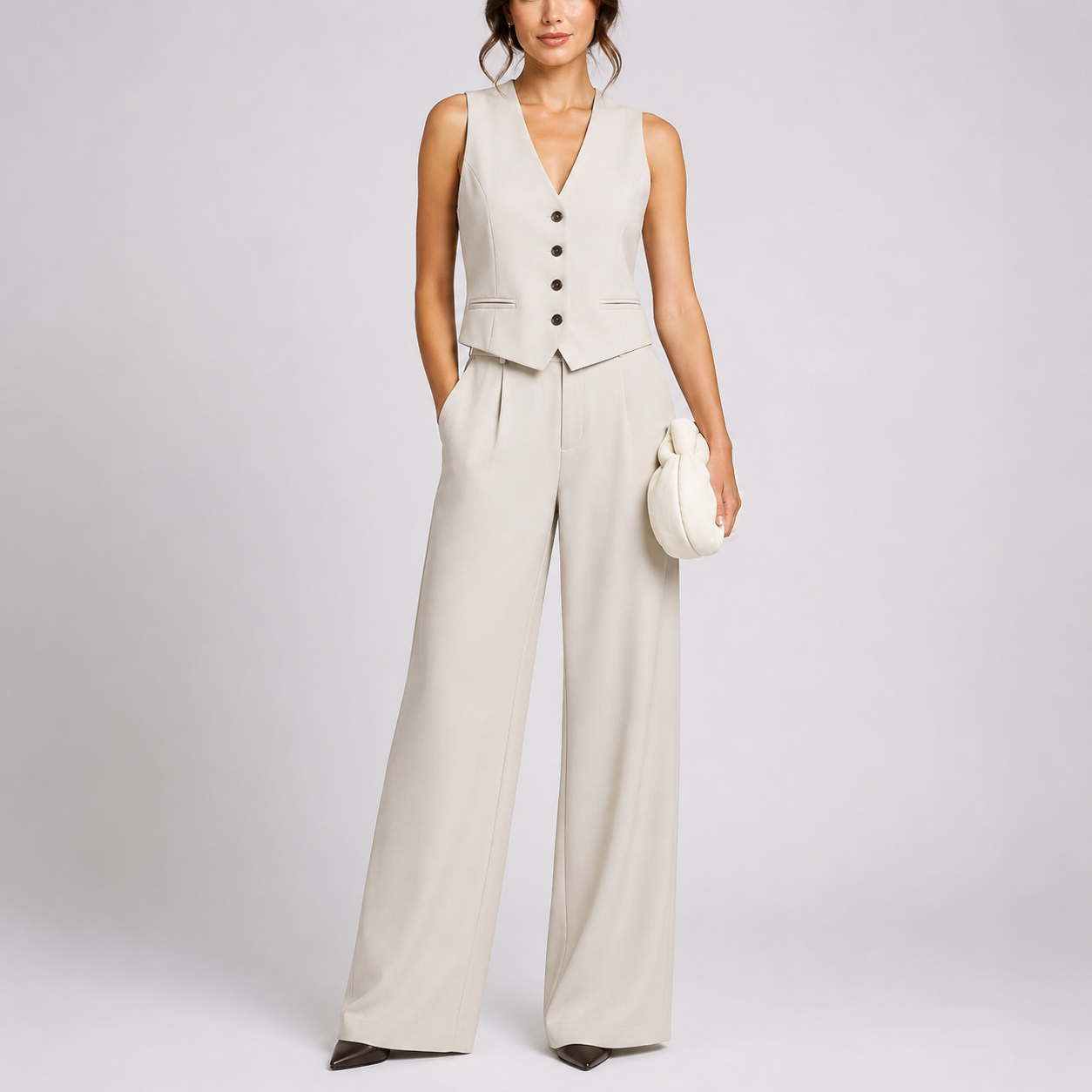 Lena | Twee-delig pak dames met gilet en wijde broek - Beige