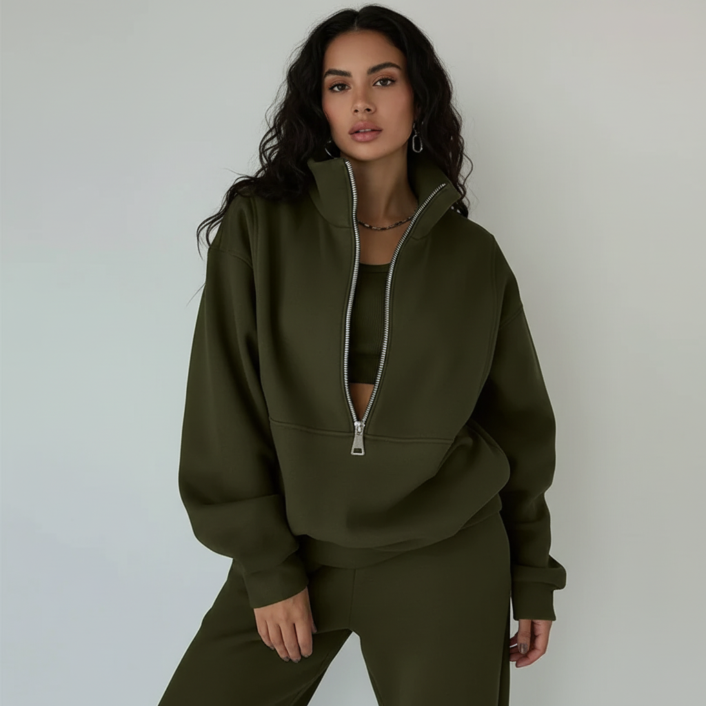Liv | Sportieve set voor dames met halfzip trui en broek - Donkergroen
