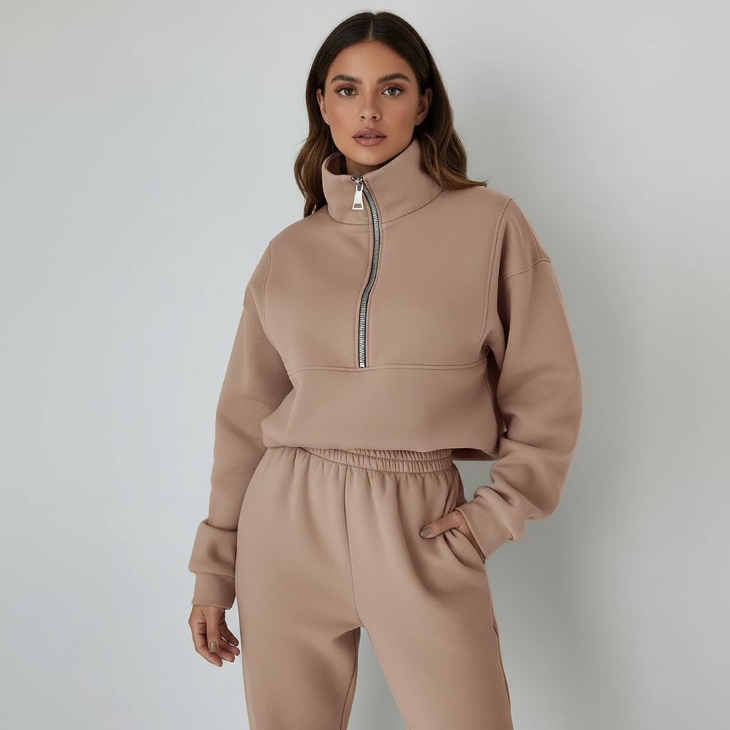 Liv | Sportieve set voor dames met halfzip trui en broek - Kaki