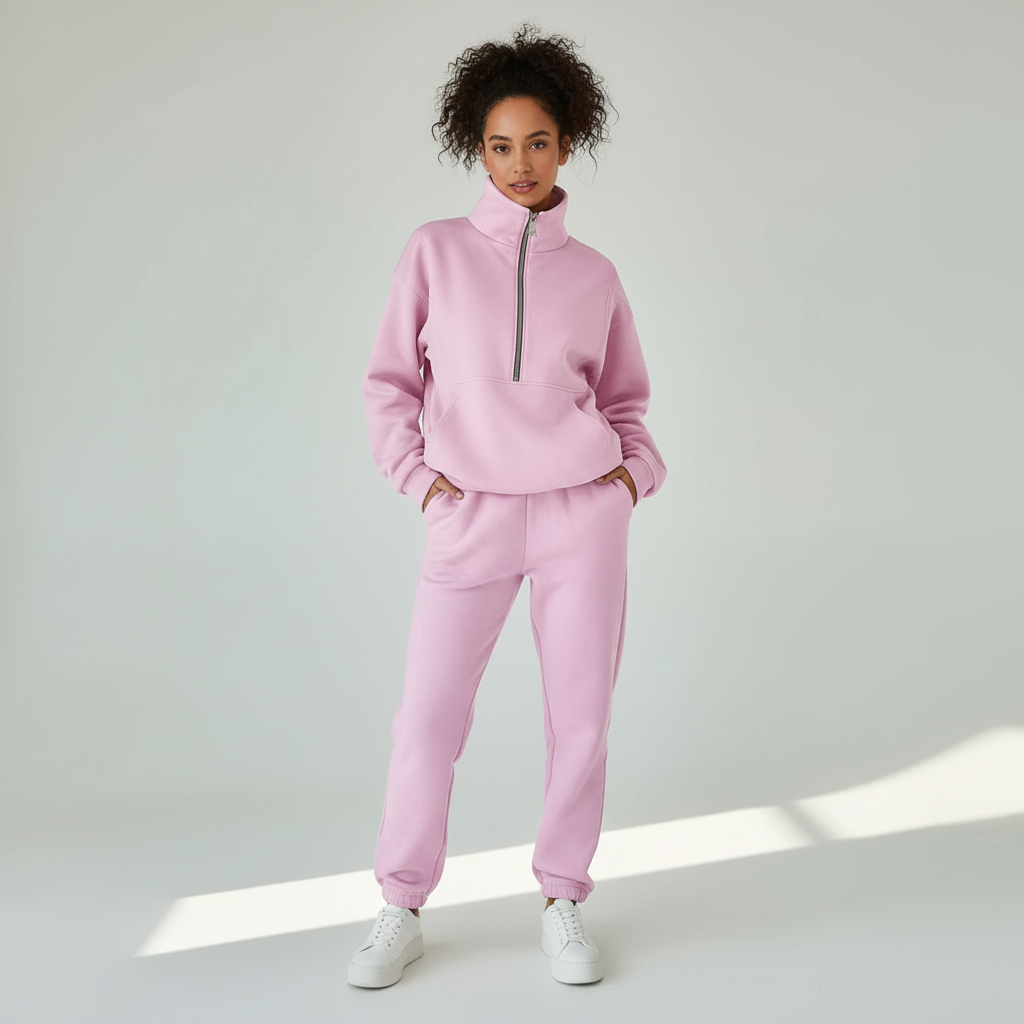 Liv | Sportieve set voor dames met halfzip trui en broek - Roze