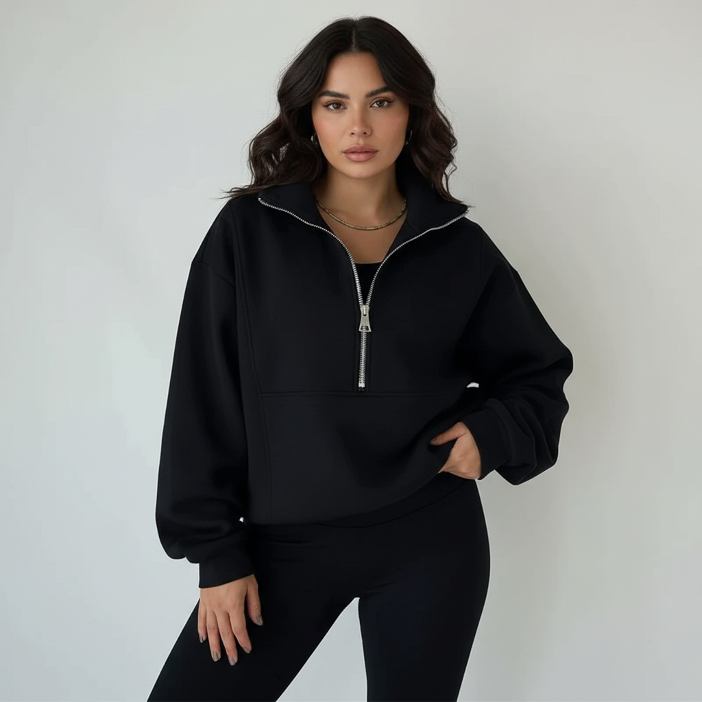 Liv | Sportieve set voor dames met halfzip trui en broek - Zwart