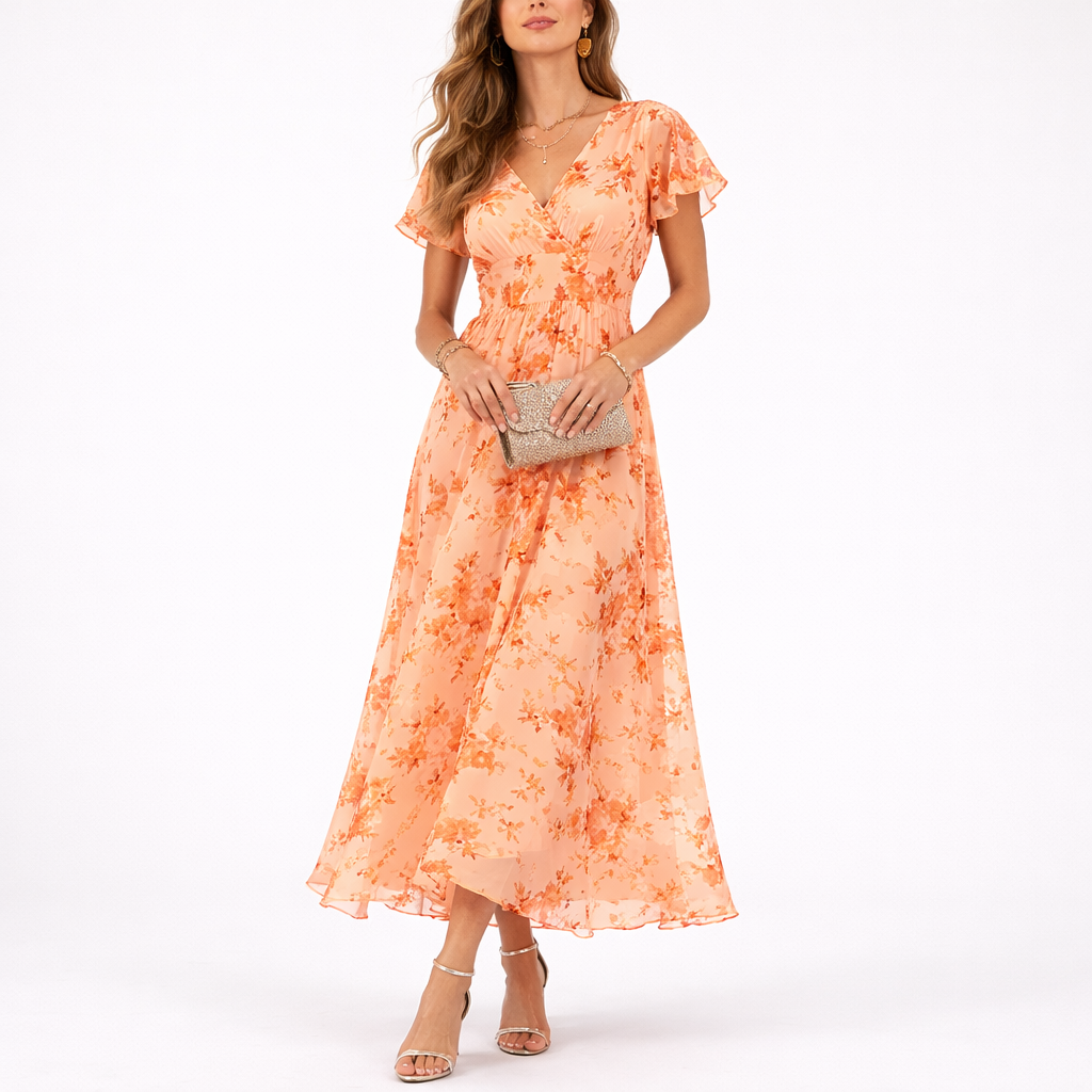 Loes | Maxi jurk met bloemen voor dames - Oranje