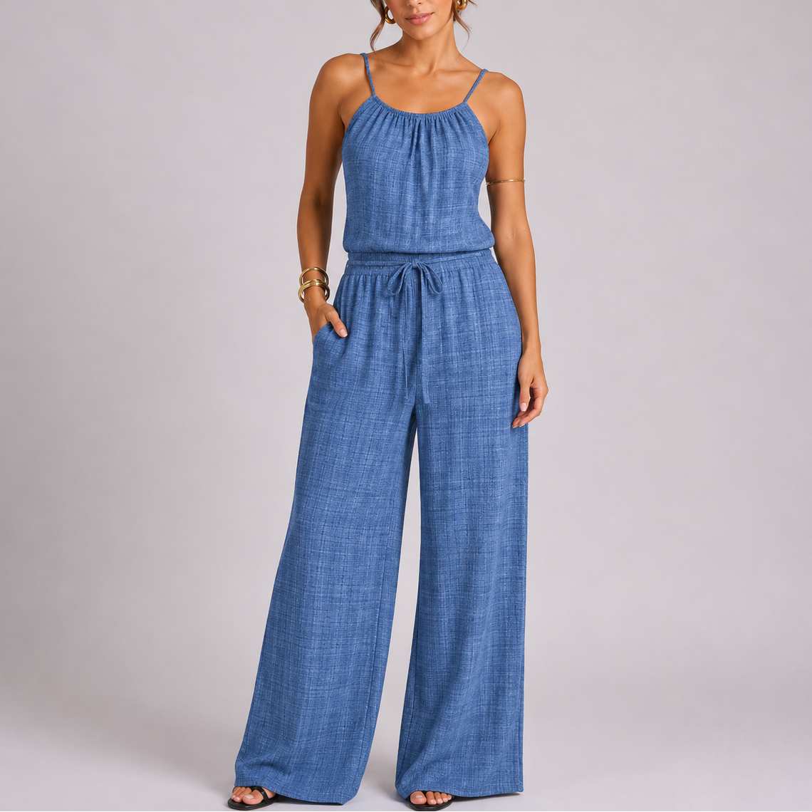 Lynn | Jumpsuit dames met spaghettibandjes en wijde pijpen - Blauw